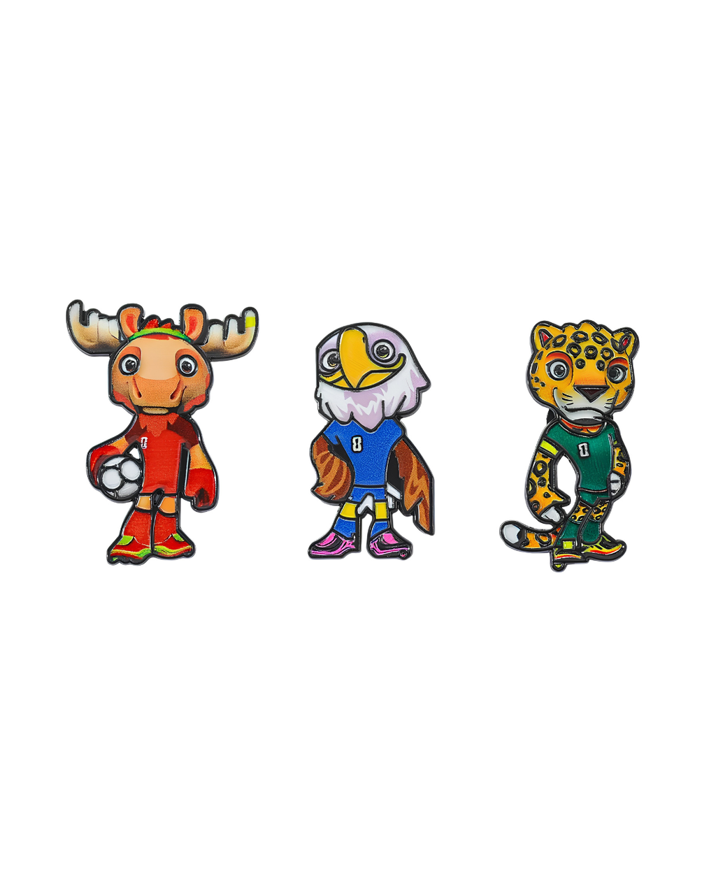 Soccer Mascots Pins Set – 3 Pack ⚽🦌🦅🐆